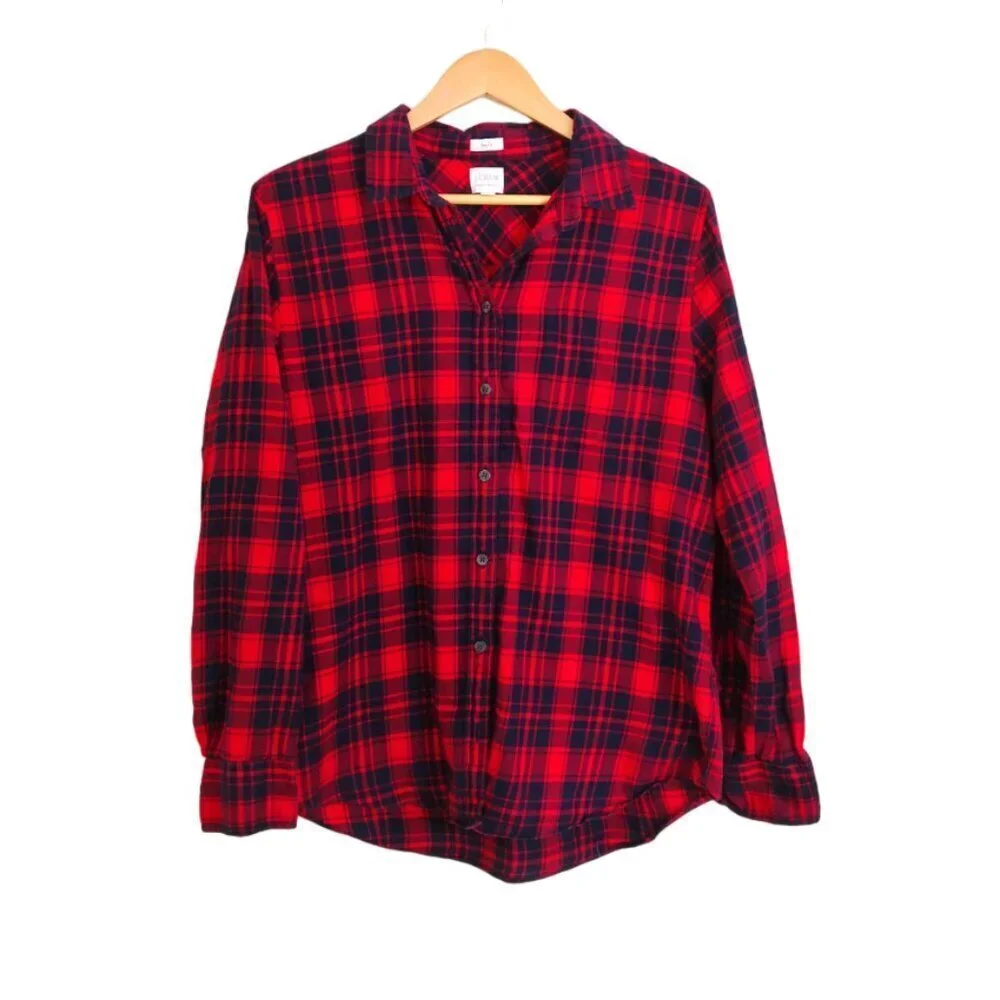 J. Crew Boy Fit Plaid Button Down Flannel Shirt Red Navy‎ Blue Size L
